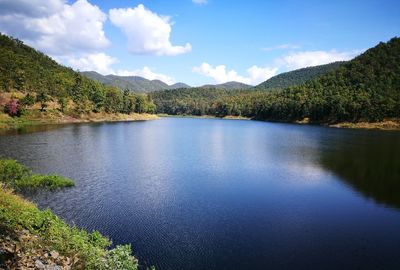 Scenic view of lake and mountains against sky