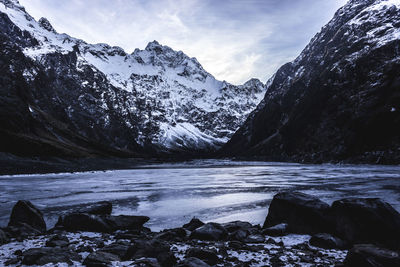 Scenic view of lake and mountains against sky