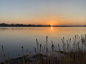 Scenic view of lake against sky during sunset