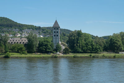 Scenic view of lake by building against sky