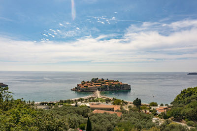 High angle view of sveti stefan against sky