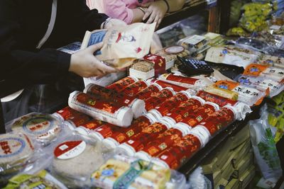 High angle view of food for sale at market stall