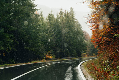 Snowing on empry road in autumn