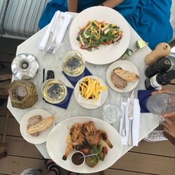 High angle view of food served on table