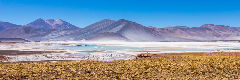 Scenic view of lake and mountains against blue sky