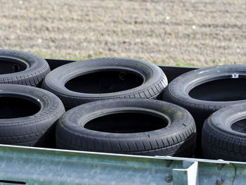 High angle view of tires in container