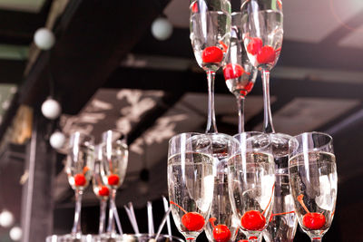 Close-up of red wine in glass on table