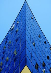 Low angle view of modern building against clear blue sky