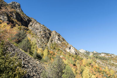 Scenic view of rocky mountains against clear blue sky