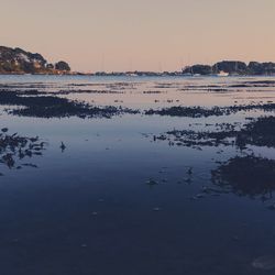 Scenic view of sea against clear sky at sunset