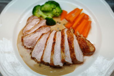 High angle view of food in plate on table