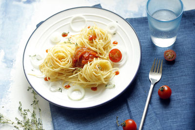 High angle view of food served on table