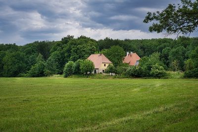 Houses and trees on field against sky