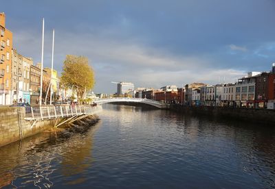 River by buildings in city against sky