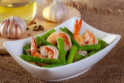 High angle view of salad in bowl on table