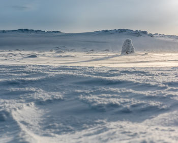 Scenic view of snow covered land and sea against sky