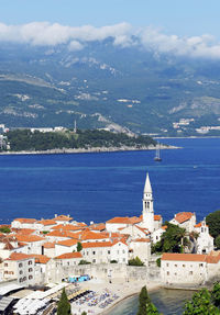 High angle view of city at waterfront