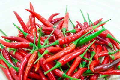 High angle view of red chili peppers