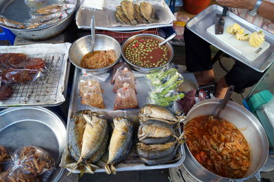 High angle view of fresh seafood at market stall