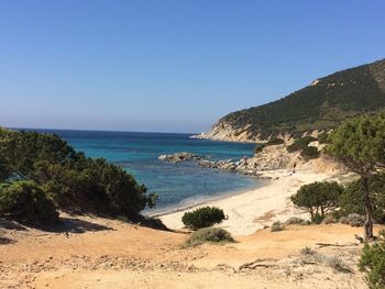 Scenic view of sea against clear blue sky