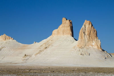 Rock formations on mountain against clear blue sky