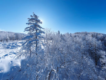 Scenic view of snow covered mountain against clear blue sky