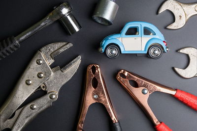 High angle view of objects on table