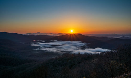 Scenic view of snowcapped mountains against sky during sunset