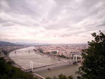 High angle view of bridge and cityscape against sky