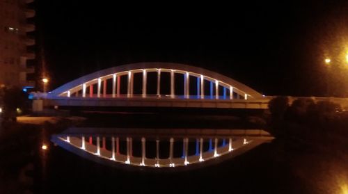 Bridge over calm river at night