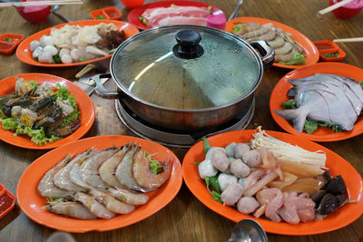 High angle view of fish in bowl on table