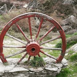 Close-up of bicycle wheel on field