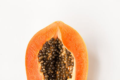 Close-up of orange slice against white background