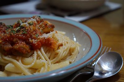 Close-up of pasta in plate on table