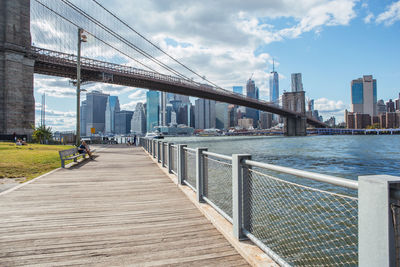 View of suspension bridge in city