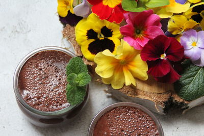 High angle view of flowering plant in bowl on table