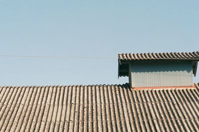 Low angle view of building roof against clear sky