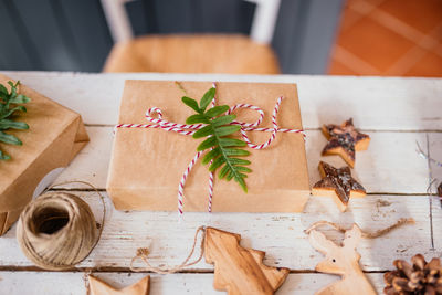 High angle view of leaves on table