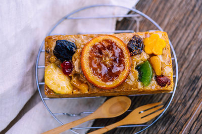 High angle view of dessert in plate on table