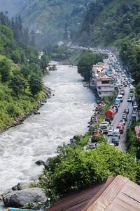 High angle view of river passing through mountain