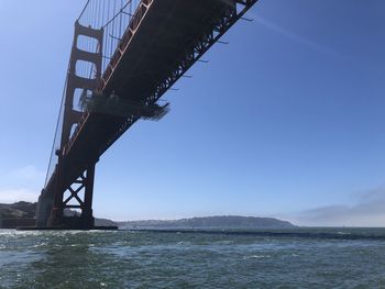 Low angle view of bridge over sea against clear blue sky