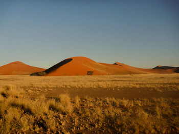 Scenic view of landscape against clear sky during sunset