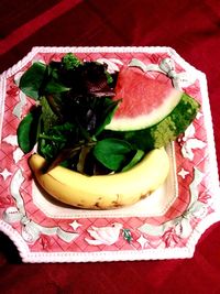 High angle view of salad in plate on table