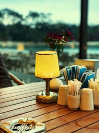 Close-up of potted plant on table at restaurant