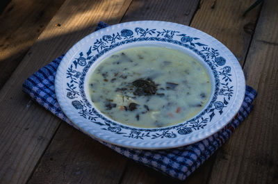 High angle view of soup in bowl on table