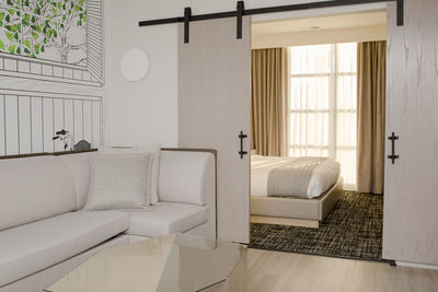 A clean modern hotel suite