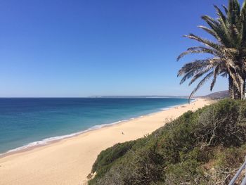 Scenic view of sea against clear blue sky