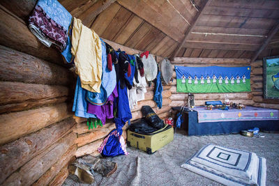 High angle view of clothes drying on wood at home