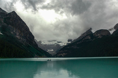 Scenic view of lake against cloudy sky