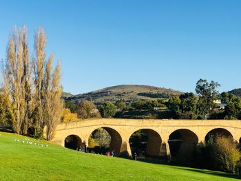 Arch bridge on field against clear sky